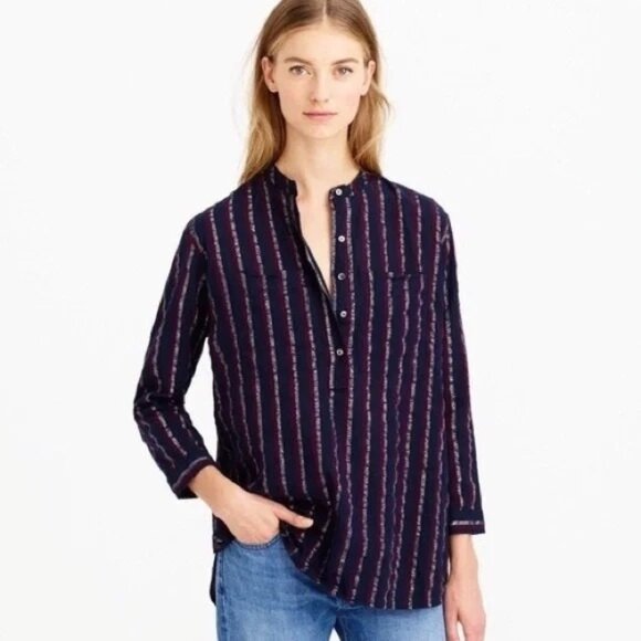 J. Crew Tops - J Crew Metallic Stripe Popover Tunic Shirt Womens 16 Navy Cotton Blend Preppy